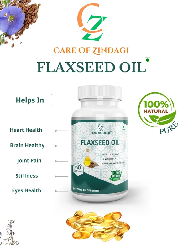 Care Of Zindagi Flaxseed Oil Capsules 1000mg  With Omega 3 6 9 | Helps In Heart problem, Brain, Joint Pain & Stiffness - 60 capsules  - 60 Capsules, 24 Months