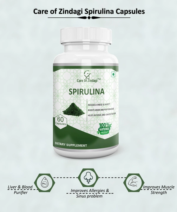 Care Of Zindagi Spirulina Capsules 500mg | Immunity Booster, Liver & Blood Purifier - 60 capsules  - 60 Capsules, 24 Months