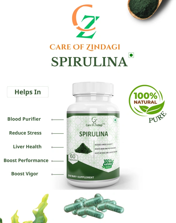 Care Of Zindagi Spirulina Capsules 500mg | Immunity Booster, Liver & Blood Purifier - 60 capsules  - 60 Capsules, 24 Months