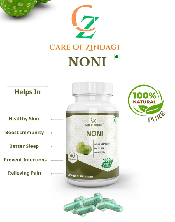 Care Of Zindagi Noni capsules 500mg For Healthy Skin, Immunity & Healthy Better Sleep - 60 capsules - 60 Capsules, 24 Months