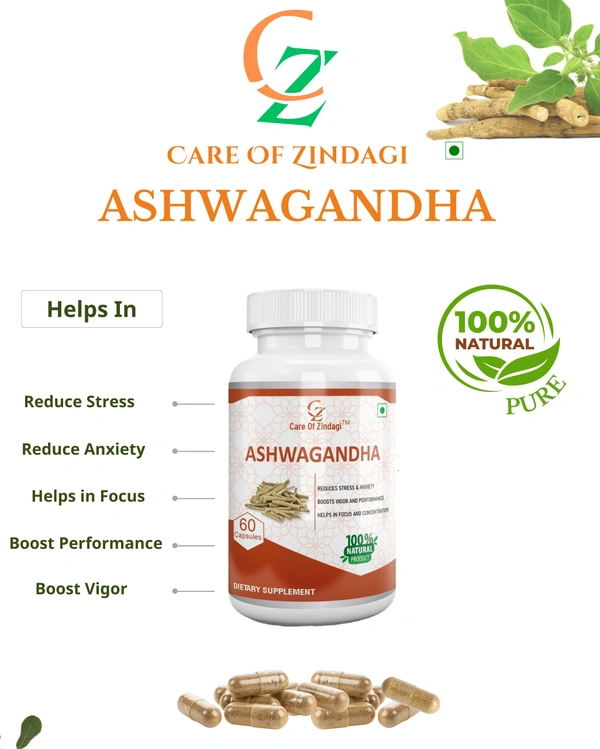Care Of Zindagi Ashwagandha Capsules 500mg For Reduce Stress, Anxiety & Boost Performance - 60 Capsules - 60 capsules, 24 Months