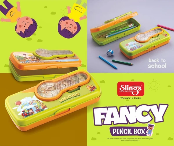 Slings Fancy Pencil box for Kids - Geometry Box with Game for Boys & Girls - Kiddies Pencil Box - 1 Pc