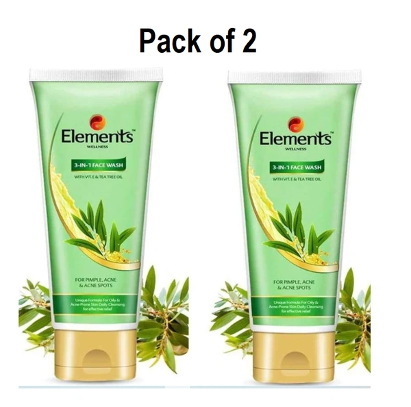 Elements 3 in 1 Facewash - 60gm ( Pack of 2)  | Elements 3in1 Face wash for Acne , Pimples & Acne Sports | Unique Formula for oily & Acne Prone Skin - 120gm, 36 Months
