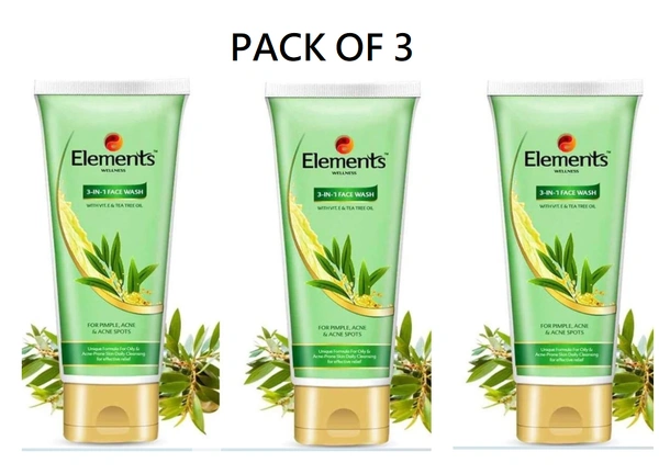 Elements 3 in 1 Facewash - 60gm ( Pack of 2)  | Elements 3in1 Face wash for Acne , Pimples & Acne Sports | Unique Formula for oily & Acne Prone Skin - 180gm, 36 Months