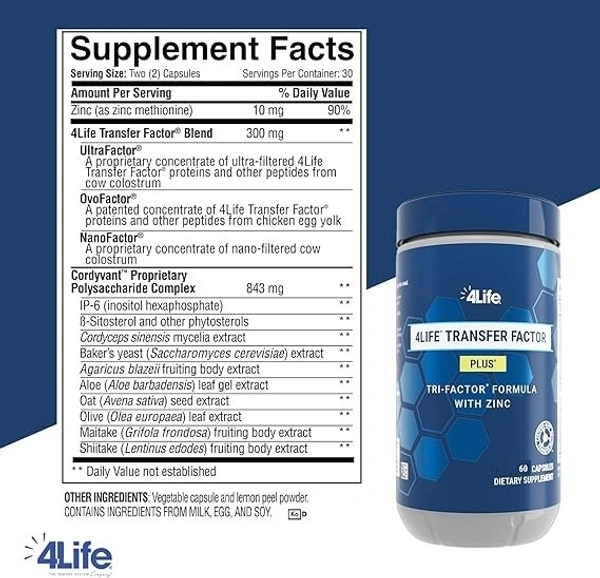4Life Transfer Factor Plus Capsules | Tri-Factor Formula Egg Yolk powder, inositol, Zinc, saccharomyces, maitake, shiltake extract capsule with botanical extracts - 90 Capsules - 90 Capsules, 24 Months