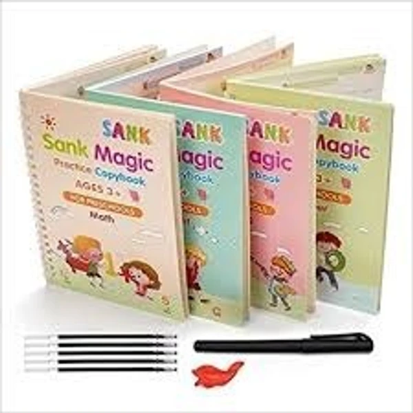 Sank Magic Practice Copy book set For Kids set of (4 book +1 pen +10 Refill) Copy book set for better hand writing - 4 Books+ 1 Pen + 10 refils