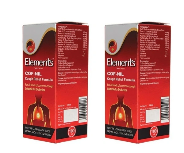 Elements Wellness COF NIL Cough Syrup for All types of Cough - 100ml | NO ADDED SUGAR with Tulsi, Vasaka & 7 Active Herbs (Pack of 2)  - 2 X 100ml, 24 Months