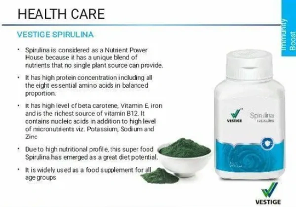 Vestige Spirulina Capsules immunity Booster - 100 Capsule | Spirulina is a rich source of beta carotene, protein and antioxidants - 100 Capsules