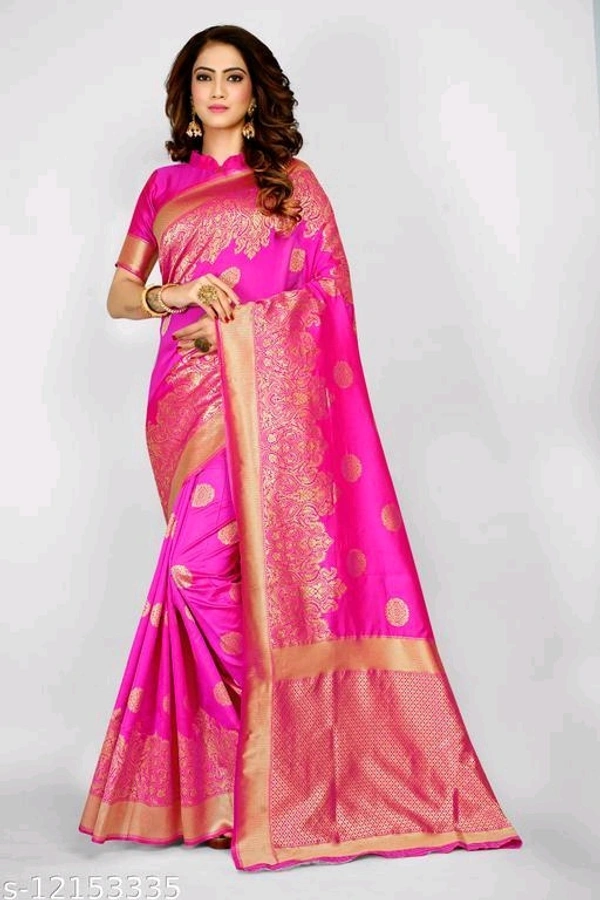 Pure Bright Pink Color Gold Toned Beautiful Trendy Saree - FREE, Pink, FREE DELIVERY