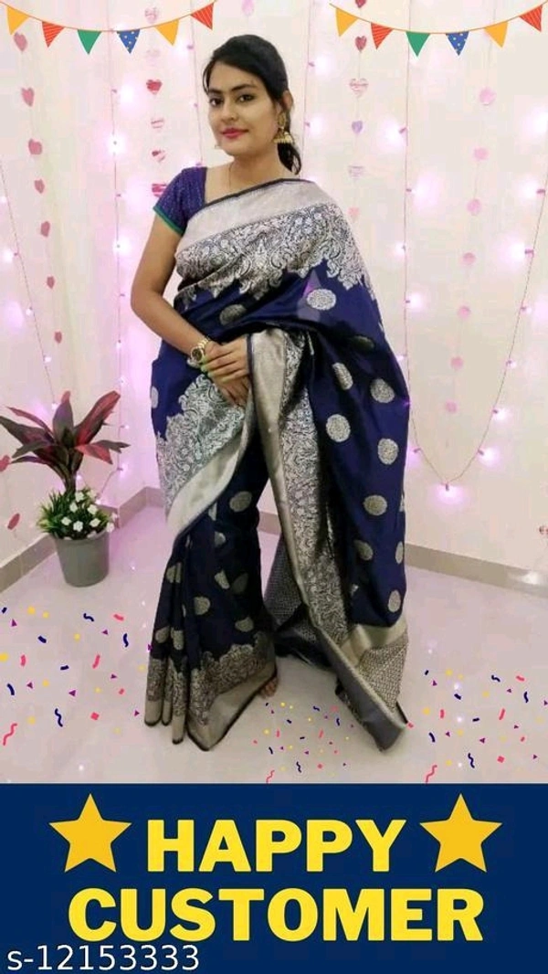 Navy Blue Colour Silver Toned Beautiful Trerndy Banarasi Silk Saree - FREE, Silver, FREE DELIVERY