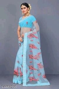Net Blue Embroipdered Saree  - Blue, FREE DELIVERY