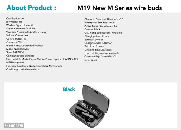 M19 Earbus Waterproof Bluetooth Headset - Black, FREE DELIVERY