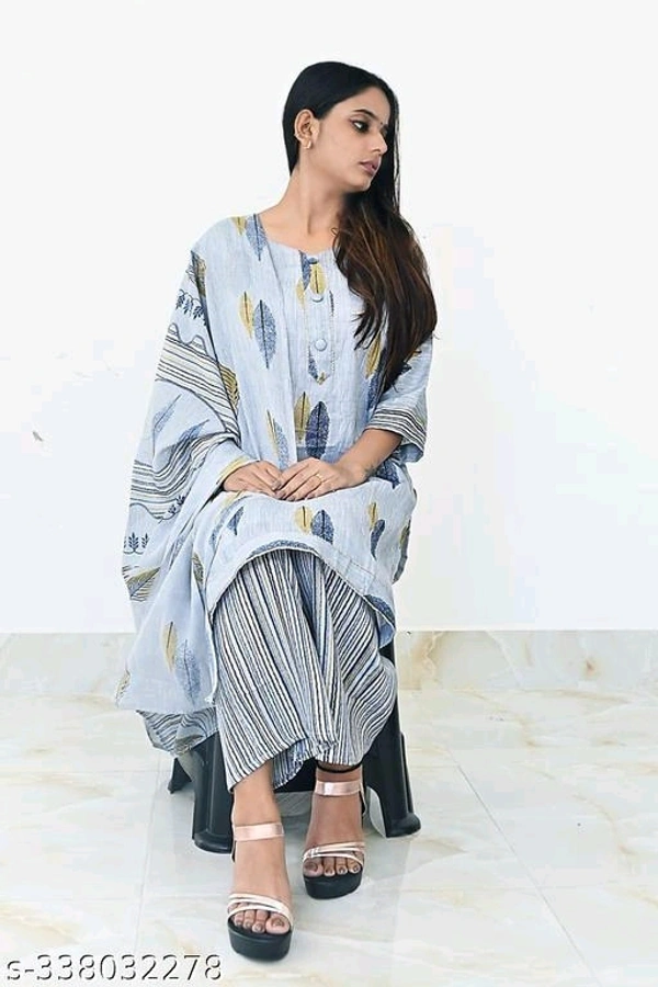 Printed Kurti with Plazzo and Dupatta Set` - M, FREE DELIVERY