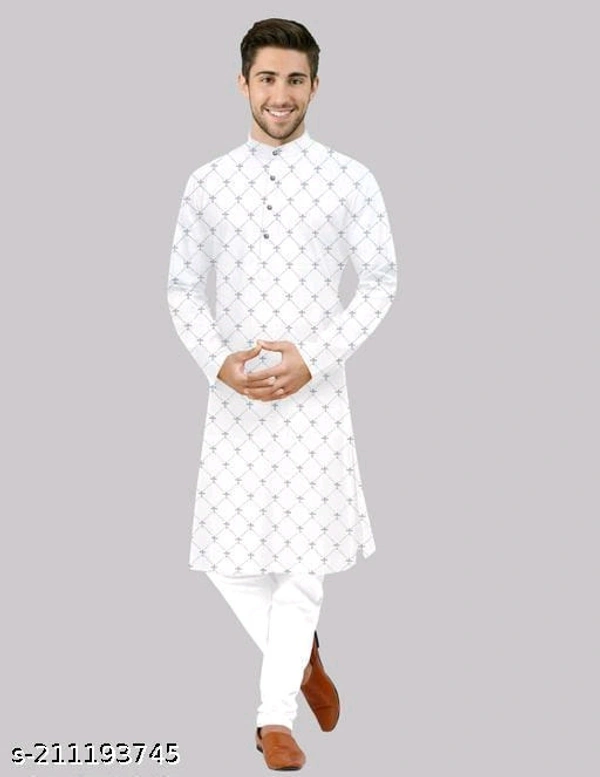 Mens Long Printed Fancy Kurta For Men - S, White, FREE DELIVERY