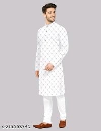 Mens Long Printed Fancy Kurta For Men - S, White, FREE DELIVERY