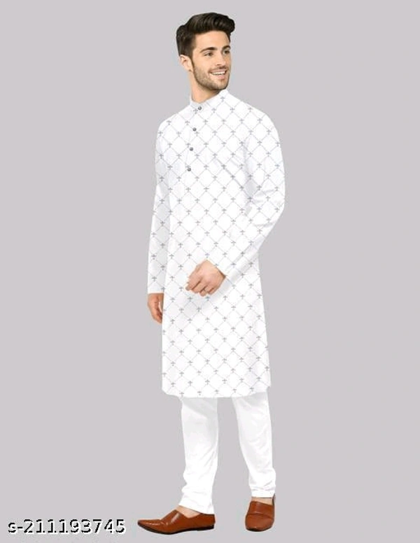 Mens Long Printed Fancy Kurta For Men - S, White, FREE DELIVERY