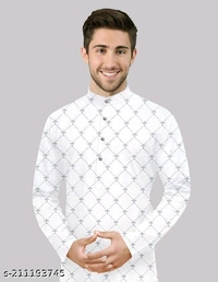 Mens Long Printed Fancy Kurta For Men - S, White, FREE DELIVERY