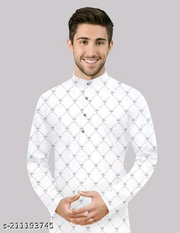 Mens Long Printed Fancy Kurta For Men - S, White, FREE DELIVERY