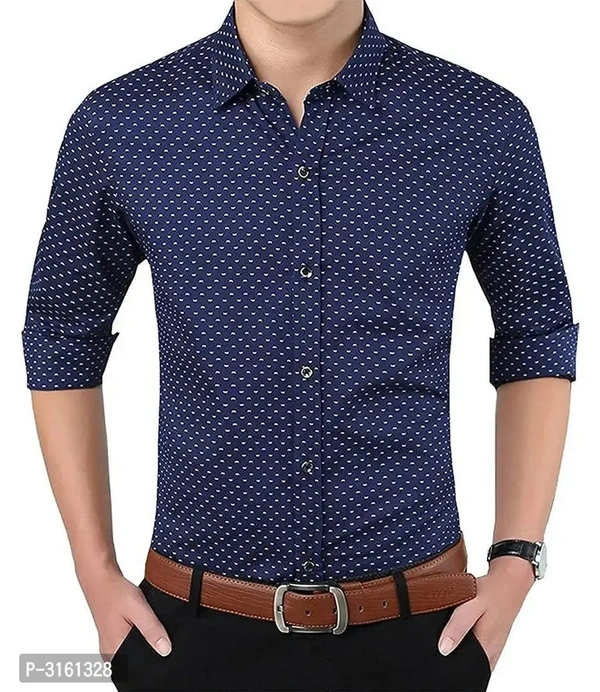 Mne's Blue Cotton Printed Long Sleeves Slim Fit Casual Shirt - L, Blue, FREE DELIVERY