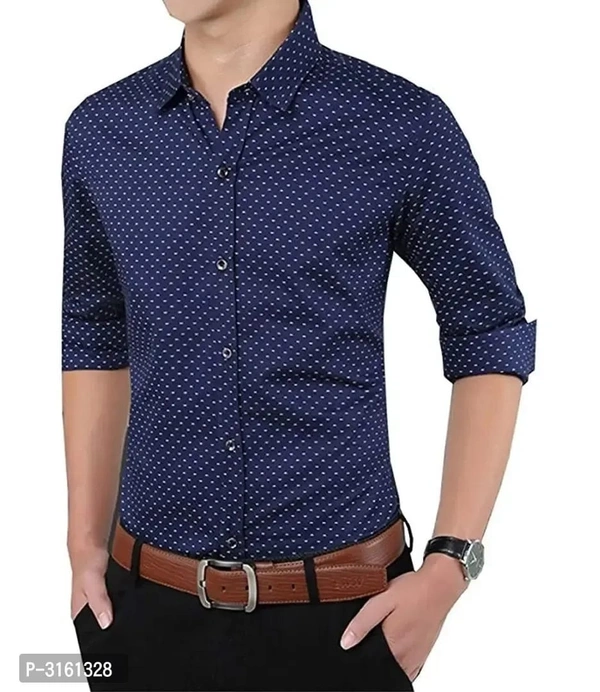 Mne's Blue Cotton Printed Long Sleeves Slim Fit Casual Shirt - L, Blue, FREE DELIVERY