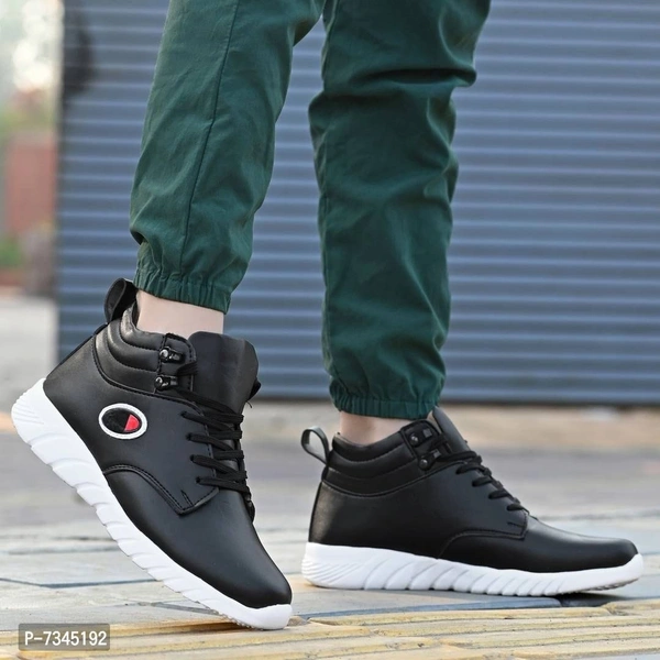 Stylish Fashionable Black Leather Trendy Modern Daily Wear Lace Ups Running Casual Shoes Sneakers For Men - UK7, Black, FREE DELIVERY