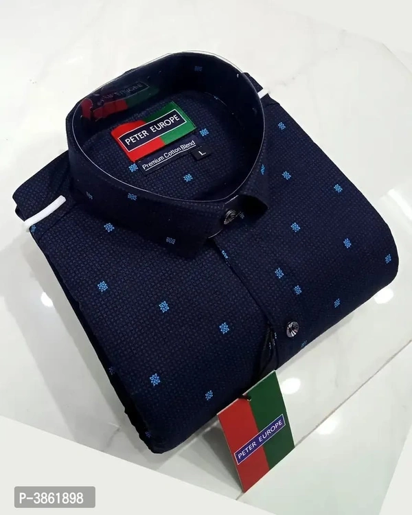 Men's Navy Blue Cotton Printed Long Sleeves Regular Fit Casual Shirt - L, Navy Blue, FREE DELIVERY