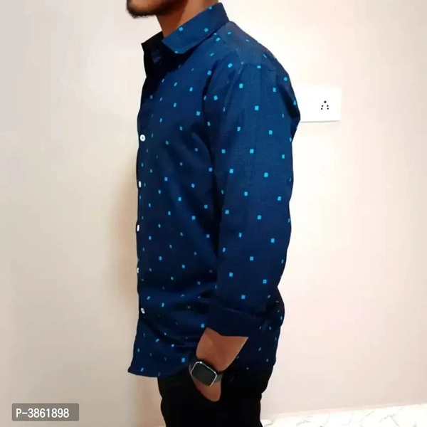 Men's Navy Blue Cotton Printed Long Sleeves Regular Fit Casual Shirt - L, Navy Blue, FREE DELIVERY