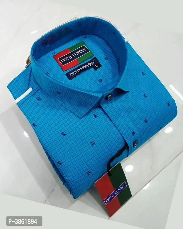 Men's Blue Printed Long Sleeves Regular Fit Casual Shirt - M, Blue, FREE DELIVERY