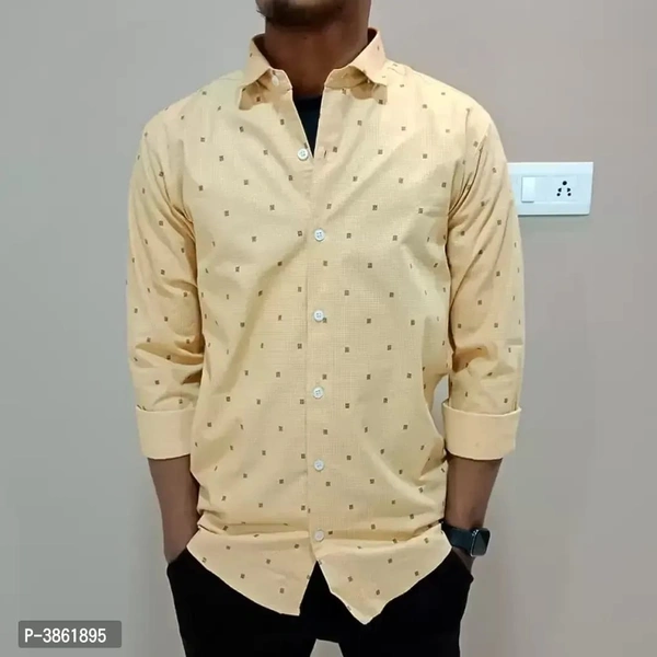 Men's Begie Cotton Printed Long Sleeves Regular Fit Casual Shirt - S, FREE DELIVERY