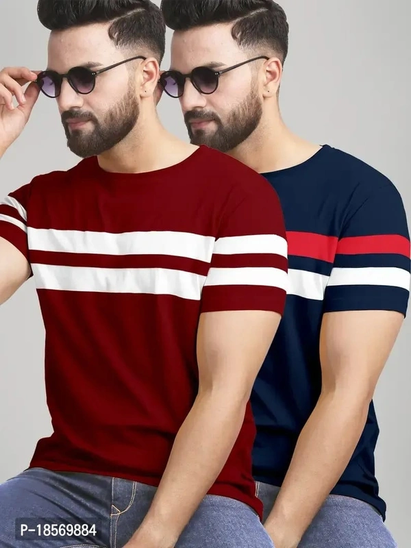 Cotton Blend Coloured Round Neck Tees For Men-Pack Of 2 - L, FREE DELIVERY