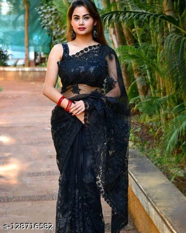 Brasso Net Black cut work Saree With Blouse - Black, FREE DELIVERY