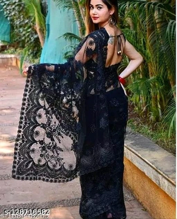 Brasso Net Black cut work Saree With Blouse - Black, FREE DELIVERY