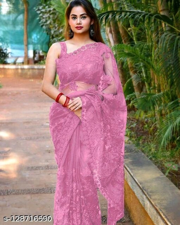 Brasso Net Pink cut work Saree With Blouse - FREE DELIVERY
