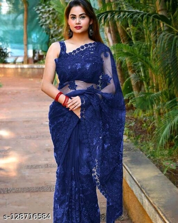 Brasso Net Navy Blue cut work Saree With Blouse - Blue, FREE DELIVERY