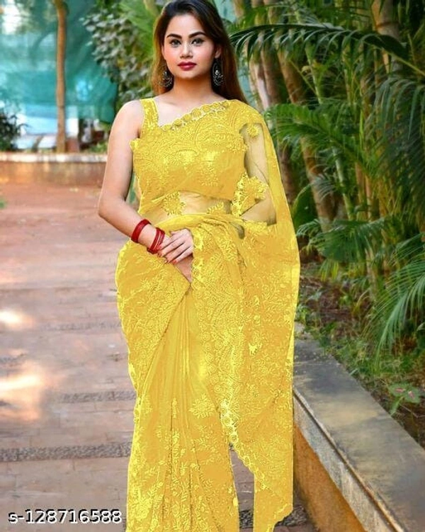 Brasso Net Yellow cut work Saree With Blouse - Yellow, FREE DELIVERY