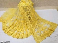 Brasso Net Yellow cut work Saree With Blouse - Yellow, FREE DELIVERY
