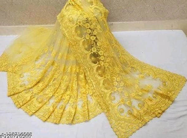 Brasso Net Yellow cut work Saree With Blouse - Yellow, FREE DELIVERY