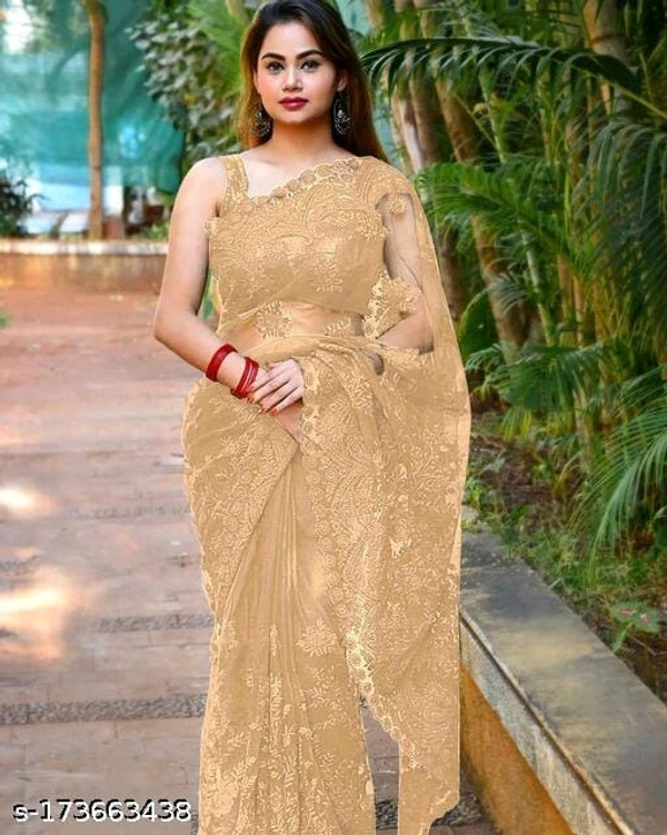 Brasso Net Gold cut Work Saree With Blouse - Golden, FREE DELIVERY