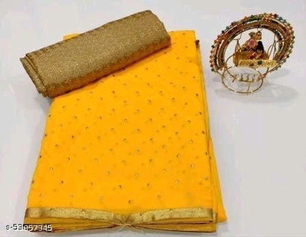 Foil Print Yellow Coloured chiffon Lace Bordered Saree - Yellow, FREE DELIVERY