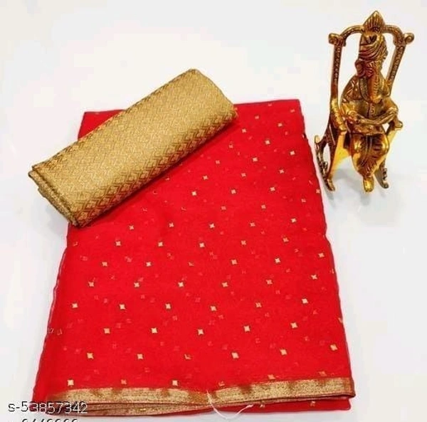 Foil Print Red Coloured chiffon Lace Bordered Saree With Blouse - Red, FREE DELIVERY