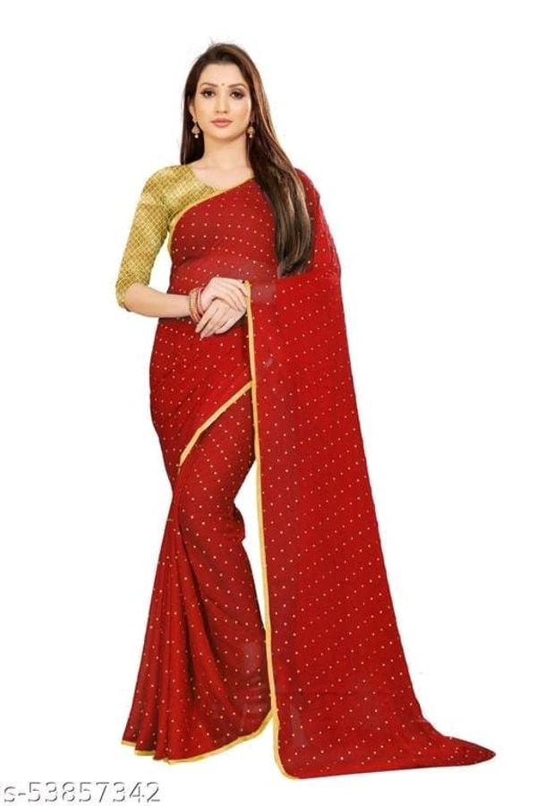Foil Print Red Coloured chiffon Lace Bordered Saree With Blouse - Red, FREE DELIVERY