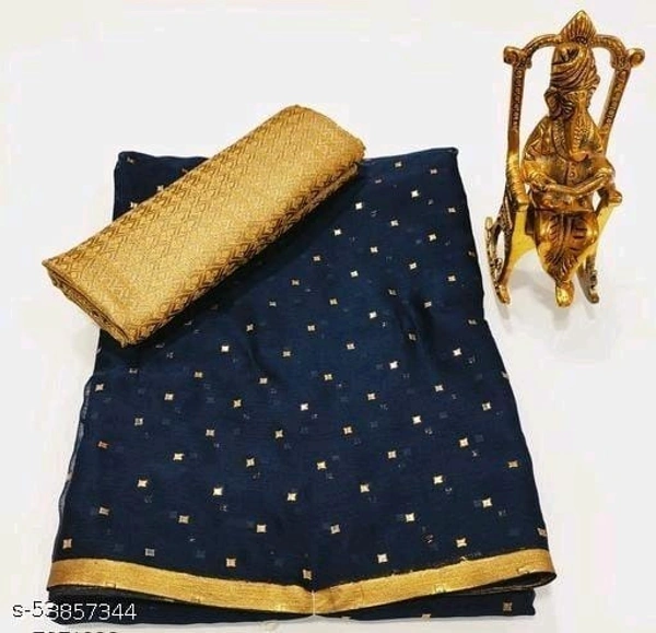 Foil Print Navy Blue Coloured chiffon Lace Bordered Saree - Navy Blue, FREE DELIVERY
