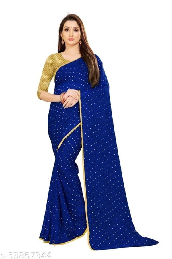 Foil Print Navy Blue Coloured chiffon Lace Bordered Saree - Navy Blue, FREE DELIVERY