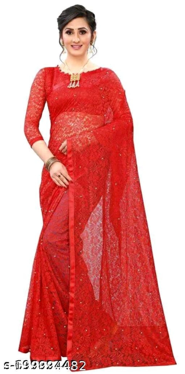 Brasso Net Red Beads & Stone Saree With Blouse - Red, FREE DELIVERY