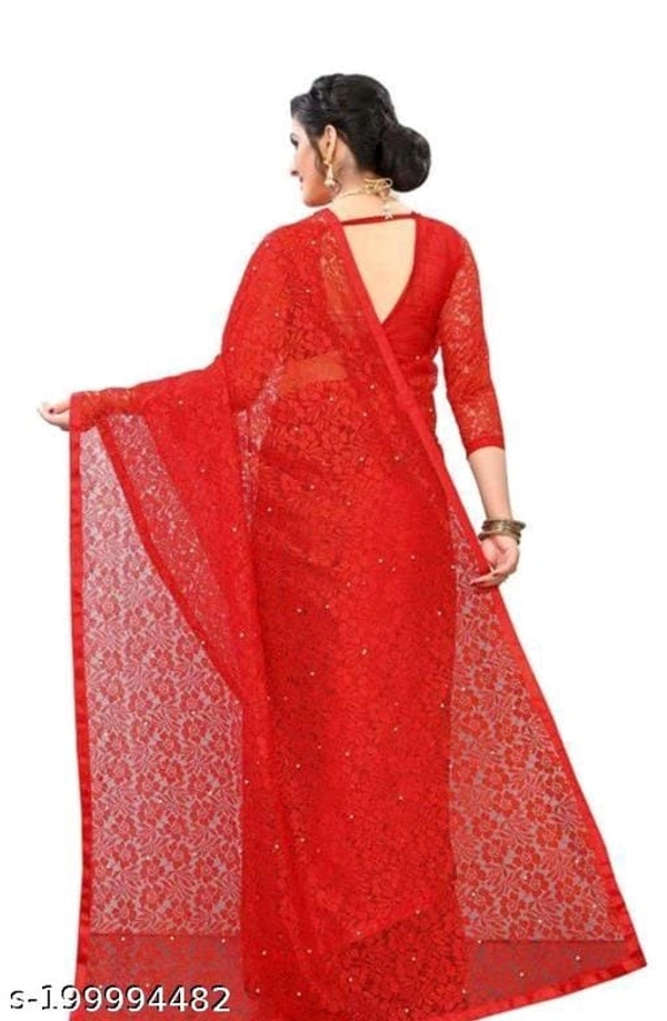 Brasso Net Red Beads & Stone Saree With Blouse - Red, FREE DELIVERY