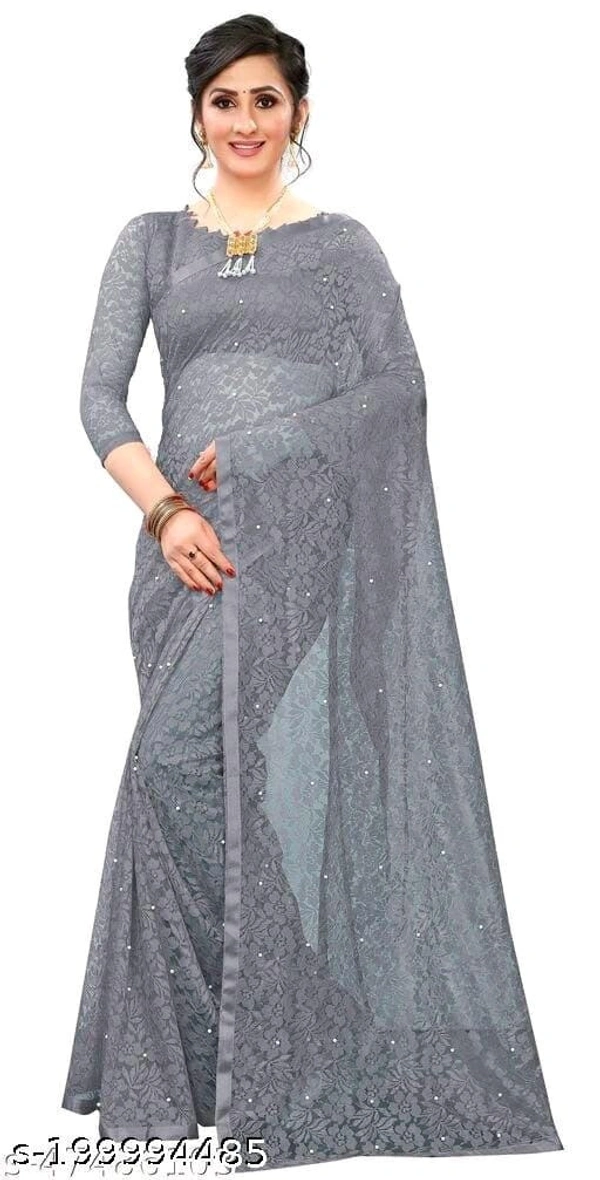 Brasso Net Beads & Stone Saree With Blouse - Grey, FREE DELIVERY