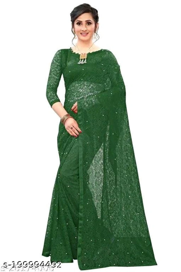 Brasso Net Green Beads & Stone Saree With Blouse - Green, FREE DELIVERY