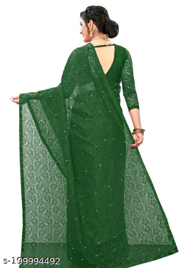 Brasso Net Green Beads & Stone Saree With Blouse - Green, FREE DELIVERY