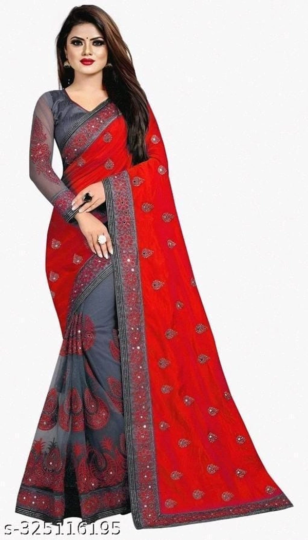 Red Fancy Work Saree - Red, FREE DELIVERY