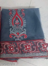 Super Net Red Lace Border Saree With Blouse - Red, FREE DELIVERY